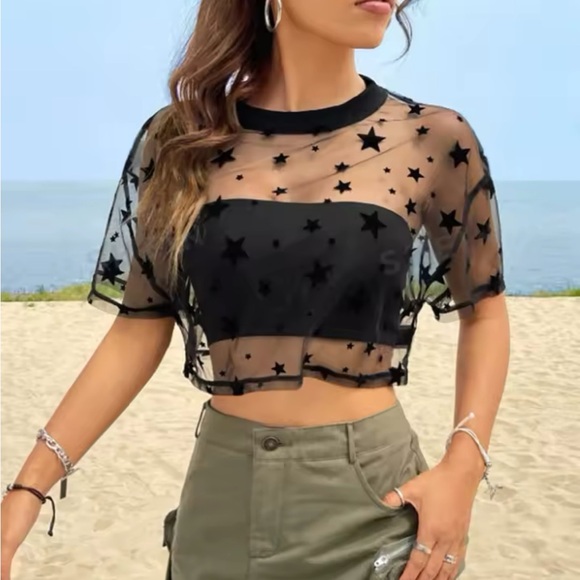 Tops - Black Graphic Mesh Crop Top with Short Sleeves 2 for 1 deal $5